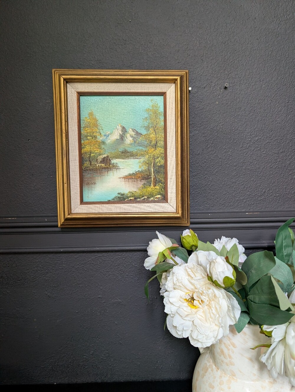 Vintage landscape Signed oil painting on Wood Board, Cottage/Mountain Landscape